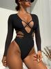2024 Comércio Exterior AliExpress Amazon Maiô Feminino Cor Sólida Manga Longa Biquíni Sexy bikiniWSA051
