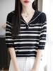 100 Liocel Tencel Azul Marino Cuello Rayado Manga Corta Lassel Reductor de Edad Camiseta de Punto para Mujer Nueva Dulce Fresca