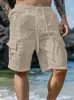 Shorts Casuales de Algodón y Lino Transfronterizos para Hombre, Cintura Elástica con Cordón, Pierna Recta, Color Sólido, Transpirables, Shorts Deportivos Casuales de Playa