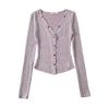 Suéter de punto para mujer con cuello en V cruzado de un solo botón de manga larga primavera nuevo punto vertical ajuste ceñido versátil top de fondo curvo