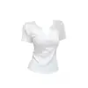 Nuevo Estilo de Verano Top de Manga Corta con Cuello en V para Mujer, Camiseta Casual de Color Sólido Costillado Ajustado Adelgazante Hombro Normal, Moda Japonesa y Coreana