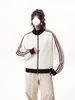 Jaqueta Waffle Patchwork Listrada com Gola Alta para Homens e Mulheres, Cardigan Moletom Casual Esportivo Estilo Americano de Outono para Casais