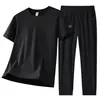 Traje Deportivo Casual de Seda de Hielo para Hombre Verano Conjunto de Dos Piezas para Hombre Pantalones Largos Camiseta de Manga Corta Traje Deportivo para Hombre