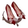 Zapatos de Boda Estilo Chino, Zapatos de Novia Rojos, Vestido Xiuhe, Moño, Vestido para Brindar, Tacones Altos, Estilo Étnico, Rojo Vino, Tacón Fino, Sin Cordones