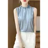Camisa sin mangas de seda sintética con cuello volante de lujo ligero transfronterizo, Top de satén de seda para mujer con cuello alto y bordes festoneados