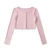 26 Conjunto de camisola de estilo coreano para otoño, corte ajustado, cuello en U grande, color macarrón + cárdigan de manga larga con hombros normales y abertura trasera, falda corta
