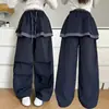 Calça Cargo de Primavera para Meninas 2026 Novo Estilo Painel Traseiro com Renda Infantil Crianças Maiores Patchwork Solta Azul Marinho Casual
