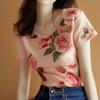 Camiseta de Manga Corta con Estampado de Flores de Rosa Rosa para Mujer 2026 Nuevo Verano Top Único y Elegante con Ajuste Perfecto en los Hombros