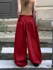 Calça de Sarja Vermelha Wide-Leg com Cordão, Estilo Retrô Americano Outono e Verão, Calça Parachute Plissada de Secagem Rápida para Mulheres, Calça Casual Solta com Caimento