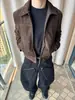 Jaqueta zip-up estilo celeiro retrô americana marrom com lapela, corte limpo, curta e larga, com ombros retos, casaco slim-fit