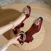 Zapatos de tacón alto con punta cuadrada y tacón grueso para boda, color rojo, con tiras de perlas y tacón medio, Mary Jane, estilo francés, para dama de honor que no cansa los pies.