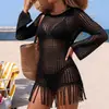 Amazon Vestido de Playa Calado de Punto Manga Larga Versátil Protección Solar Color Sólido Vestido con Borlas Estilo Minimalista Transparente