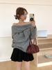 Suéter Gris Pulóver de Hombros Caídos Estilo Coreano para Mujer en Otoño e Invierno, Estilo Perezoso, Holgado Elegante, Top de una Sola Manga Larga para Personas Bajitas