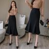 Saia Midi Sereia em Estoque para Mulheres 2025 Outono Nova Cintura Alta Cor Sólida Recorte Versátil Preto Suave Elegante Saia para o Trabalho