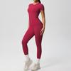 Transfronterizo Europeo y Americano Deportes Sensación Desnuda Amigable con la Piel Color Sólido Camiseta Deportiva Elástica Manga Corta Pantalones de Yoga Cintura Alta Traje de Fitness para Mujer