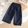 Elegantes pantalones de pierna ancha de lunares para niñas, nueva colección primavera/otoño, dulces y lindos, corte holgado, con ribete de encaje, pantalones largos, pantalones casuales para bebés