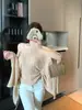 Suéter de Punto Irregular con Mangas Murciélago de Canalé Vertical para Mujer, Top Rayado en Caqui, Café y Blanco