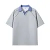 2026 Verão Estilo Japonês Color-Blocking Assimétrico Solto Fino Jovem Suéter Gola Redonda Manga Curta Camiseta Masculina