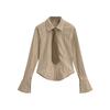 Camisa de manga larga ajustada a la cintura con textura a rayas para mujer 2023 Otoño Nueva Universidad chica hot slim solapa top