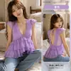Blusa de Gasa Floral con Cuello en V y Mangas Cortas Volantes, Diseño Holgado de Volantes de Verano, Top Camisola de Moda A1086