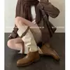 Botas de montar de estilo retro para mujer, con hebilla de cinturón, bloques de color, punta redonda, tacón medio grueso, versátiles, hasta la rodilla