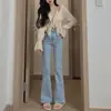 Calça jeans flare feminina, nova coleção primavera/verão, de cor clara, cintura alta, corte slim, modeladora, adequada para baixinhas, perna reta, com caimento fluido e design até o chão