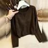 Suéter de punto hueco con ambiente otoñal para mujer, estilo corto, para personas petite, holgado y estilizado, top casual de manga larga para llevar debajo