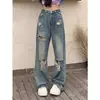 Jeans Rasgado Nicho com Senso de Design Feminino Verão Novo Estilo Americano High Street Cintura Alta Emagrecedor Calças Retas Femininas