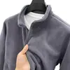 Jaqueta de fleece masculina, fleece dupla face, cor sólida, moletom de abertura frontal, jaqueta de inverno masculina quente e casual com gola alta