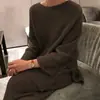 2025 Estilo Novo Transfronteiriço Estilo Preguiçoso Elegante Cor Pura Casual Elegante Fenda Suéter de Malha Calça de Perna Larga Conjunto de Duas Peças para Mulheres