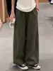 Pantalones de trabajo estilo americano color verde militar para mujer, pantalones deportivos finos de verano de cintura alta, corte ajustado, para petite, de pierna ancha curva, cropped