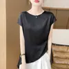 Top T-shirt texturizado novo estilo de verão em tom dourado, corte solto, gola redonda, cintura fina, cor sólida, versátil de cetim com manga curta para mulheres