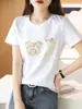 Camiseta estampada com Mickey e coração, gola redonda, preto e branco, algodão mercerizado coreano, modelagem slim, para o trabalho, primavera e verão, nova, manga curta feminina