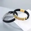 Pulsera de cordón de cuero negro de doble capa estilo business exclusiva transfronteriza con brazalete de alambre tejido de acero inoxidable para hombre