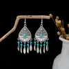 Pendientes Bohemios Azules de Turquesa Estilo Étnico Europeos y Americanos, Pendientes de Borla de Metal Plateado Imitación, Joyería de Borla Vintage para Orejas al por Mayor