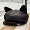 Boina de Cuero Sintético con Orejas de Gato para Mujer, Primavera y Otoño, Dulce y Fresca, Gorra Plana Newsboy que Adelgaza el Rostro con Circunferencia de Cabeza Grande