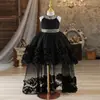 Vestido de Baile Infantil com Cauda Longa, Vestido de Princesa, Vestido de Tule Bufante para Meninas, Vestido para o Primeiro Aniversário de Bebê para Apresentação de Piano