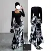 Vestido Bodycon Europeu e Americano Cruzado de Primavera e Outono Nova Moda com Patchwork de Manga Longa e Vestido Longo Estampado Slim-Fit