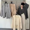 Puro Desejo Sexy Decote V Alça no Pescoço Colete Suéter de Tricô Manga Longa Outono Inverno Feminino Cardigan Tricotado Sem Botões Conjunto de Duas Peças Top 49