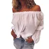Camisa de Mujer de Manga Larga, Color Sólido, Algodón-Lino, Fruncida Elástica, Hombros Descubiertos, Talla Grande Holgada, Estilo Europeo y Americano, En Stock, 2026
