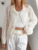 Chaqueta vintage de encaje transparente con retazos estilo francés, comercio exterior europeo y americano, cárdigan hueco con cuello protector solar de mangas largas abullonadas