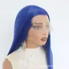 Estilo Europeo y Americano Peluca Sintética de Encaje Frontal con Flequillo Azul Belleza Cabello Largo Liso Tres Puntos Pieza de Cabello Fábrica de Qingdao Venta al por Mayor en Stock