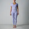 Conjunto de yoga sin costuras, top transpirable de manga corta con cuello en U, pantalones deportivos de cintura alta, corte ajustado, alta elasticidad, transfronterizo