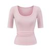 Top Sexy de Chica Caliente de Cuello Redondo Pequeño de Manga Media Verano 2025 Nuevo Cintura Delgada de Tiro Alto Plisado Look Adelgazante Camiseta