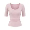 Top Sexy de Cuello Redondo y Manga Media para Chica Atractiva Verano 2025 Nuevo Ajustado de Cintura Alta Camiseta Adelgazante Fruncida