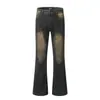 Calça Jeans Flare Amarela Cor de Lama Estilo Americano Vintage para Homens e Mulheres, Perna Reta Lavada Tendência Marca Jeans Desgastado de Xintang