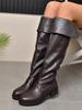 Botas de Cuero de Invierno Gruesas de Tacón Alto Hasta la Rodilla de Gran Tamaño Transfronterizas Europeas y Americanas para Mujer 2025 Nuevas Botas de Moda de Punta Redonda con Tacón Grueso