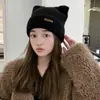 Gorro de lana de invierno para mujer, otoño e invierno, lindo japonés con orejas de gato, gorro de punto rizado grueso y cálido, gorro pulóver, gorro para el frío