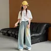 Calça Jeans Infantil Primavera e Outono 2026 Nova Estilosa Jeans Reto para Crianças Maiores, Calça Longa para Alunos do Ensino Fundamental, Calça Wide Leg