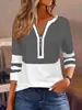 Camiseta de manga longa com zíper bicolor para mulheres, novo top casual de moda para primavera e outono, estilo europeu e americano, peça básica solta e versátil